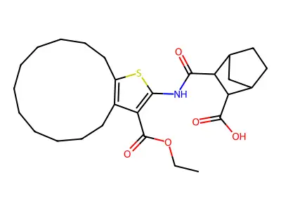 3-((3-(Ethoxycarbonyl)-5,6,7,8,9,10,11,12,13,14-decahydro-4H-cyclotrideca[b]thiophen-2-yl)carbamoyl)bicyclo[2.2.1]heptane-2-carboxylic acid structure