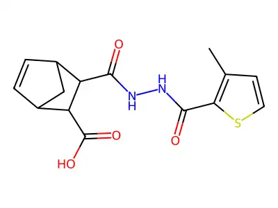 3-({2-[(3-methyl-2-thienyl)carbonyl]hydrazino}carbonyl)bicyclo[2.2.1]hept-5-ene-2-carboxylic acid structure