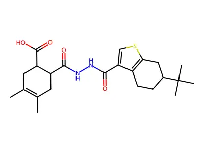 6-({2-[(6-tert-butyl-4,5,6,7-tetrahydro-1-benzothien-3-yl)carbonyl]hydrazino}carbonyl)-3,4-dimethyl-3-cyclohexene-1-carboxylic acid structure