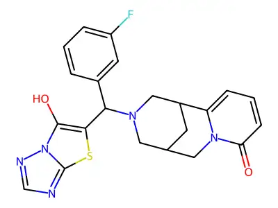 3-((3-fluorophenyl)(6-hydroxythiazolo[3,2-b][1,2,4]triazol-5-yl)methyl)-3,4,5,6-tetrahydro-1H-1,5-methanopyrido[1,2-a][1,5]diazocin-8(2H)-one structure