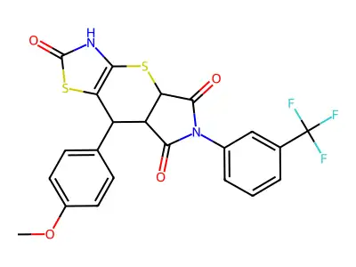 8-(4-methoxyphenyl)-6-[3-(trifluoromethyl)phenyl]-3,4a,7a,8-tetrahydropyrrolo[3',4':5,6]thiopyrano[2,3-d][1,3]thiazole-2,5,7(6H)-trione structure