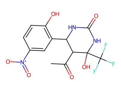 5-acetyl-4-hydroxy-6-(2-hydroxy-5-nitrophenyl)-4-(trifluoromethyl)-1,3-diazinan-2-one structure
