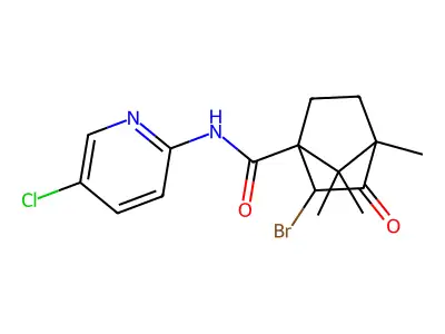 2-bromo-N-(5-chloropyridin-2-yl)-4,7,7-trimethyl-3-oxobicyclo[2.2.1]heptane-1-carboxamide structure