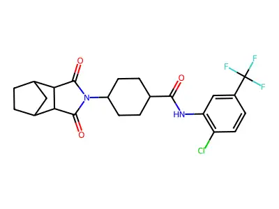 N-(2-chloro-5-(trifluoromethyl)phenyl)-4-(1,3-dioxohexahydro-1H-4,7-methanoisoindol-2(3H)-yl)cyclohexanecarboxamide structure