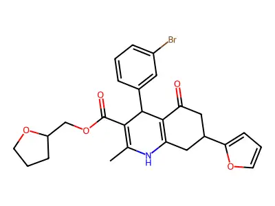 tetrahydrofuran-2-ylmethyl 4-(3-bromophenyl)-7-(furan-2-yl)-2-methyl-5-oxo-1,4,5,6,7,8-hexahydroquinoline-3-carboxylate structure