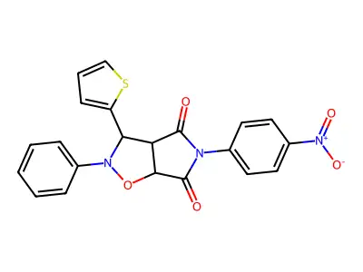 5-(4-nitrophenyl)-2-phenyl-3-(thiophen-2-yl)dihydro-2H-pyrrolo[3,4-d]isoxazole-4,6(5H,6aH)-dione structure