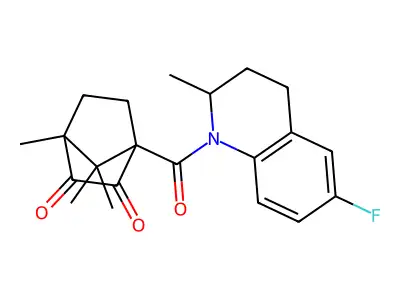 (1R,4S)-1-(6-fluoro-2-methyl-1,2,3,4-tetrahydroquinoline-1-carbonyl)-4,7,7-trimethylbicyclo[2.2.1]heptane-2,3-dione structure