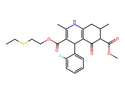 3-[2-(ethylsulfanyl)ethyl] 6-methyl 4-(2-fluorophenyl)-2,7-dimethyl-5-oxo-1,4,5,6,7,8-hexahydroquinoline-3,6-dicarboxylate structure