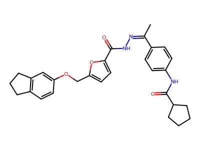 N-[(Z)-1-[4-(cyclopentanecarbonylamino)phenyl]ethylideneamino]-5-(2,3-dihydro-1H-inden-5-yloxymethyl)furan-2-carboxamide structure