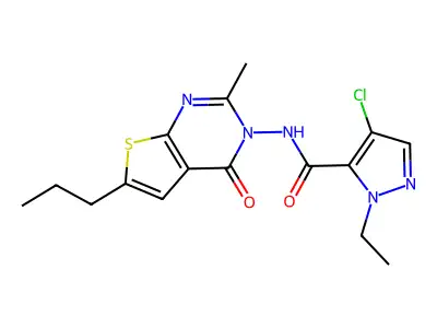 4-chloro-2-ethyl-N-(2-methyl-4-oxo-6-propylthieno[2,3-d]pyrimidin-3-yl)pyrazole-3-carboxamide structure