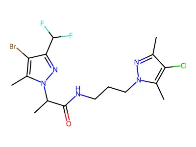 2-[4-bromo-3-(difluoromethyl)-5-methyl-1H-pyrazol-1-yl]-N-[3-(4-chloro-3,5-dimethyl-1H-pyrazol-1-yl)propyl]propanamide structure