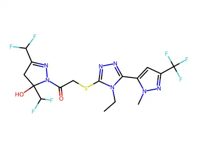 1-[3,5-bis(difluoromethyl)-5-hydroxy-4H-pyrazol-1-yl]-2-[[4-ethyl-5-[2-methyl-5-(trifluoromethyl)pyrazol-3-yl]-1,2,4-triazol-3-yl]sulfanyl]ethanone structure