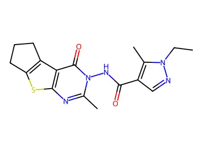 1-ethyl-5-methyl-N-(2-methyl-4-oxo-6,7-dihydro-4H-cyclopenta[4,5]thieno[2,3-d]pyrimidin-3(5H)-yl)-1H-pyrazole-4-carboxamide structure