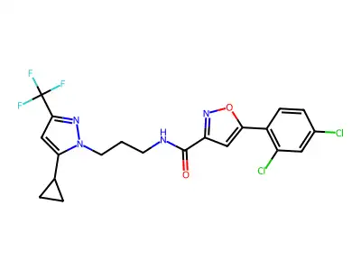 N-[3-[5-cyclopropyl-3-(trifluoromethyl)pyrazol-1-yl]propyl]-5-(2,4-dichlorophenyl)-1,2-oxazole-3-carboxamide structure