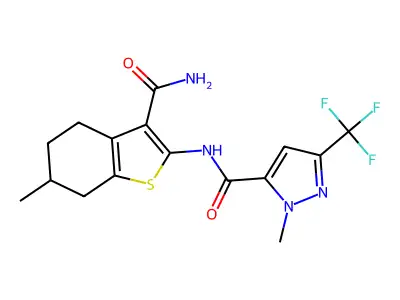 N-(3-carbamoyl-6-methyl-4,5,6,7-tetrahydro-1-benzothiophen-2-yl)-2-methyl-5-(trifluoromethyl)pyrazole-3-carboxamide structure