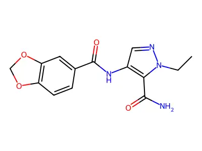 4-(1,3-Benzodioxole-5-carbonylamino)-2-ethylpyrazole-3-carboxamide structure