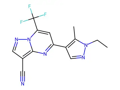 5-(1-ethyl-5-methylpyrazol-4-yl)-7-(trifluoromethyl)pyrazolo[1,5-a]pyrimidine-3-carbonitrile structure