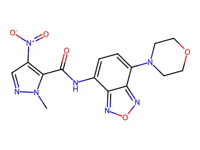 2-methyl-N-(4-morpholin-4-yl-2,1,3-benzoxadiazol-7-yl)-4-nitropyrazole-3-carboxamide structure