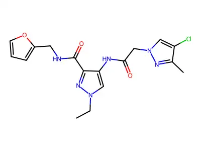 4-[[2-(4-chloro-3-methylpyrazol-1-yl)acetyl]amino]-1-ethyl-N-(furan-2-ylmethyl)pyrazole-3-carboxamide structure