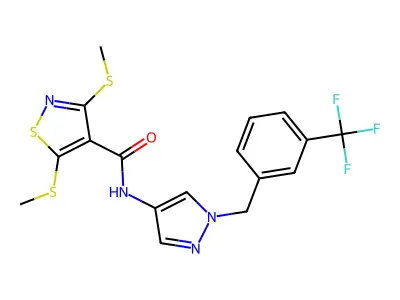 3,5-bis(methylsulfanyl)-N-[1-[[3-(trifluoromethyl)phenyl]methyl]pyrazol-4-yl]-1,2-thiazole-4-carboxamide structure