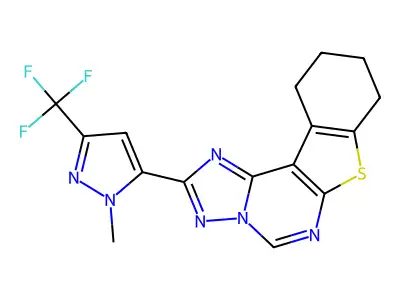 2-[1-methyl-3-(trifluoromethyl)-1H-pyrazol-5-yl]-8,9,10,11-tetrahydro[1]benzothieno[3,2-e][1,2,4]triazolo[1,5-c]pyrimidine structure