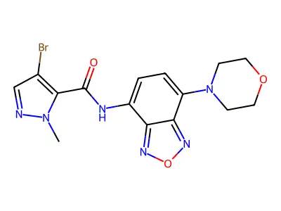 4-bromo-2-methyl-N-(4-morpholin-4-yl-2,1,3-benzoxadiazol-7-yl)pyrazole-3-carboxamide structure