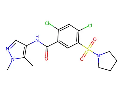 2,4-dichloro-N-(1,5-dimethylpyrazol-4-yl)-5-pyrrolidin-1-ylsulfonylbenzamide structure