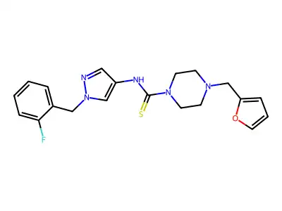 N-[1-[(2-fluorophenyl)methyl]pyrazol-4-yl]-4-(furan-2-ylmethyl)piperazine-1-carbothioamide structure
