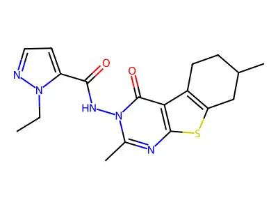 N-(2,7-dimethyl-4-oxo-5,6,7,8-tetrahydro-[1]benzothiolo[2,3-d]pyrimidin-3-yl)-2-ethylpyrazole-3-carboxamide structure