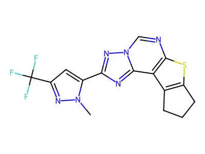2-[1-methyl-3-(trifluoromethyl)-1H-pyrazol-5-yl]-9,10-dihydro-8H-cyclopenta[4,5]thieno[3,2-e][1,2,4]triazolo[1,5-c]pyrimidine structure