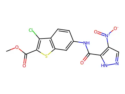 methyl 3-chloro-6-{[(4-nitro-1H-pyrazol-3-yl)carbonyl]amino}-1-benzothiophene-2-carboxylate structure