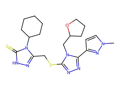 4-cyclohexyl-3-[[5-(1-methylpyrazol-3-yl)-4-(oxolan-2-ylmethyl)-1,2,4-triazol-3-yl]sulfanylmethyl]-1H-1,2,4-triazole-5-thione structure
