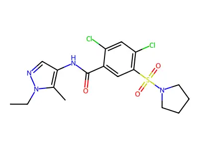 2,4-dichloro-N-(1-ethyl-5-methylpyrazol-4-yl)-5-pyrrolidin-1-ylsulfonylbenzamide structure