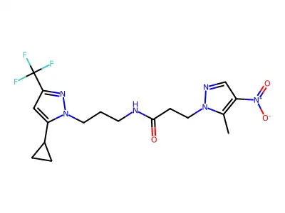 N-[3-[5-cyclopropyl-3-(trifluoromethyl)pyrazol-1-yl]propyl]-3-(5-methyl-4-nitropyrazol-1-yl)propanamide structure