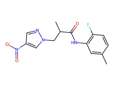 N-(2-fluoro-5-methylphenyl)-2-methyl-3-(4-nitropyrazol-1-yl)propanamide structure