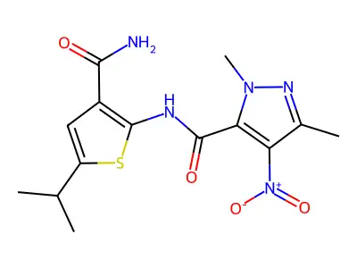 N-(3-carbamoyl-5-propan-2-ylthiophen-2-yl)-2,5-dimethyl-4-nitropyrazole-3-carboxamide structure