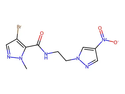 4-bromo-1-methyl-N-[2-(4-nitro-1H-pyrazol-1-yl)ethyl]-1H-pyrazole-5-carboxamide structure