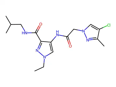4-[[2-(4-chloro-3-methylpyrazol-1-yl)acetyl]amino]-1-ethyl-N-(2-methylpropyl)pyrazole-3-carboxamide structure