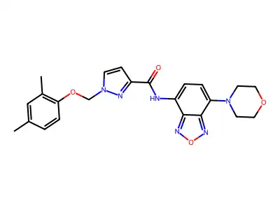 1-[(2,4-dimethylphenoxy)methyl]-N-(4-morpholin-4-yl-2,1,3-benzoxadiazol-7-yl)pyrazole-3-carboxamide structure