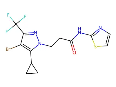 3-[4-bromo-5-cyclopropyl-3-(trifluoromethyl)pyrazol-1-yl]-N-(1,3-thiazol-2-yl)propanamide structure