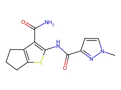 N-(3-carbamoyl-5,6-dihydro-4H-cyclopenta[b]thiophen-2-yl)-1-methyl-1H-pyrazole-3-carboxamide structure