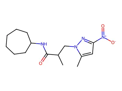 N-cycloheptyl-2-methyl-3-(5-methyl-3-nitropyrazol-1-yl)propanamide structure