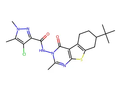 4-Chloro-N-[7-(1,1-dimethylethyl)-5,6,7,8-tetrahydro-2-methyl-4-oxo[1]benzothieno[2,3-d]pyrimidin-3(4H)-yl]-1,5-dimethyl-1H-pyrazole-3-carboxamide structure