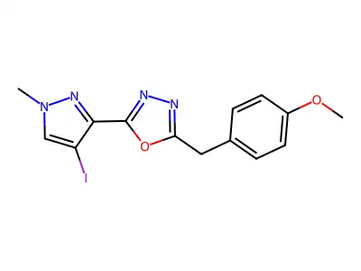 2-(4-Iodo-1-methylpyrazol-3-yl)-5-[(4-methoxyphenyl)methyl]-1,3,4-oxadiazole structure