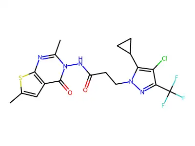 3-[4-chloro-5-cyclopropyl-3-(trifluoromethyl)pyrazol-1-yl]-N-(2,6-dimethyl-4-oxothieno[2,3-d]pyrimidin-3-yl)propanamide structure