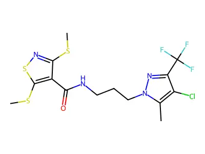 N-[3-[4-chloro-5-methyl-3-(trifluoromethyl)pyrazol-1-yl]propyl]-3,5-bis(methylsulfanyl)-1,2-thiazole-4-carboxamide structure