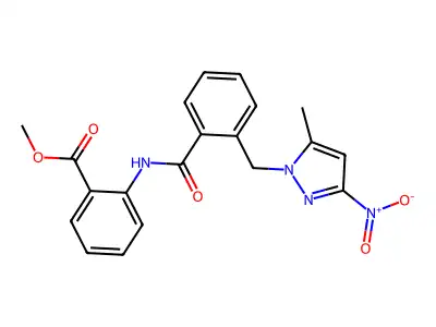 methyl 2-(2-((5-methyl-3-nitro-1H-pyrazol-1-yl)methyl)benzamido)benzoate structure