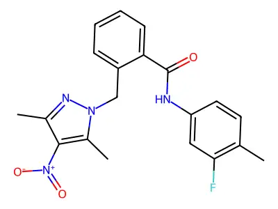 2-[(3,5-dimethyl-4-nitro-1H-pyrazol-1-yl)methyl]-N-(3-fluoro-4-methylphenyl)benzamide structure