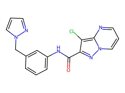 3-chloro-N-[3-(pyrazol-1-ylmethyl)phenyl]pyrazolo[1,5-a]pyrimidine-2-carboxamide structure