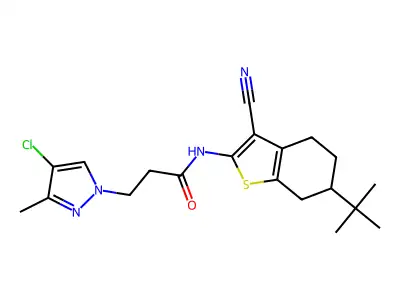 N-(6-tert-butyl-3-cyano-4,5,6,7-tetrahydro-1-benzothiophen-2-yl)-3-(4-chloro-3-methylpyrazol-1-yl)propanamide structure
